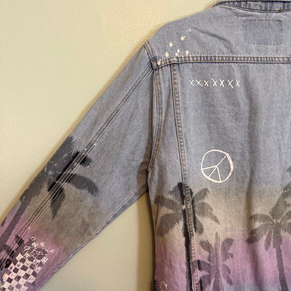 Brooklyn Cloth Co. Trucker Jean Jacket Mens M Blue Denim Graffiti Palm Tropical - Picture 6 of 8